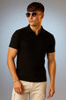 Black Textured Plain Regular Fit Button Polo T-shirt