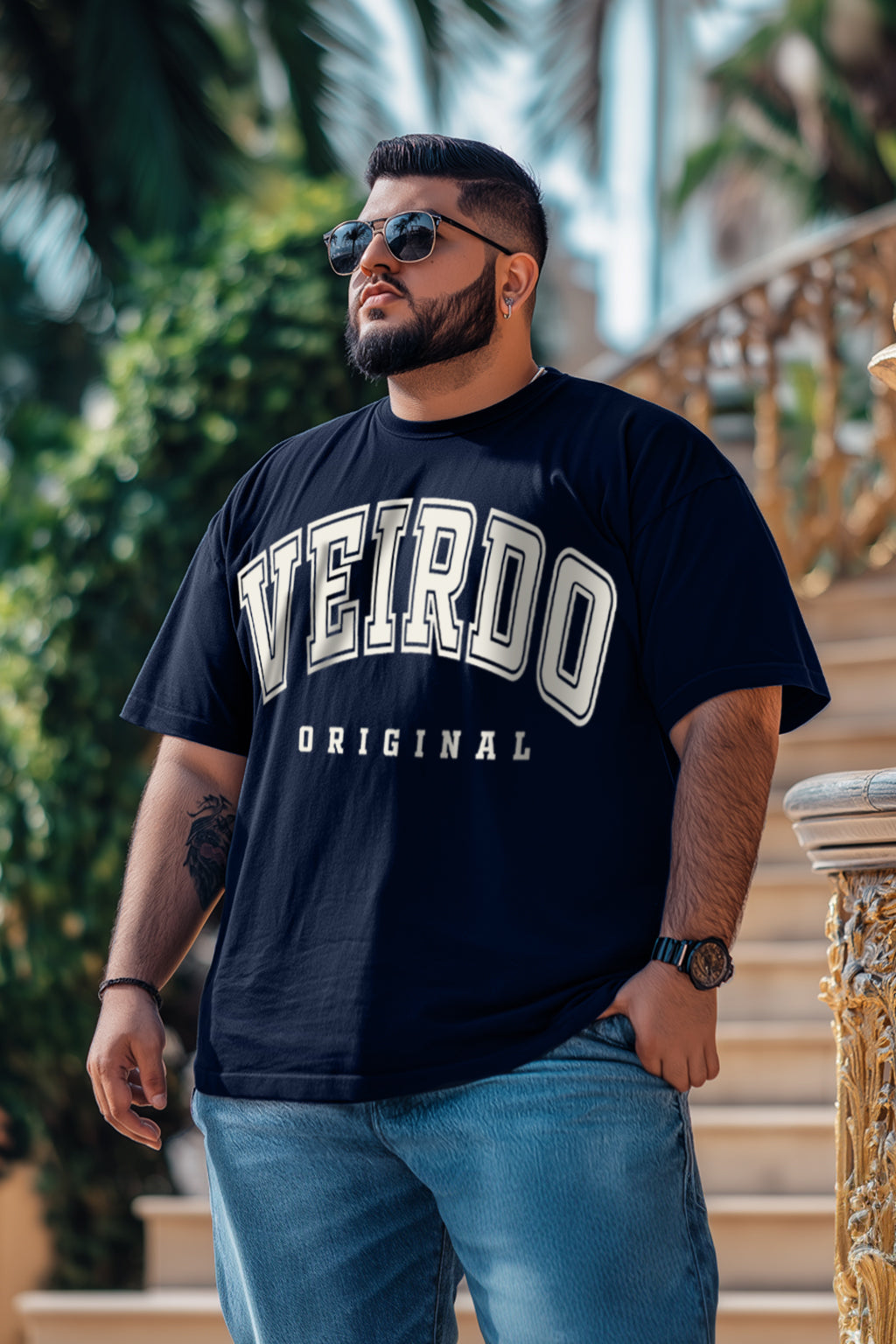 Veirdo Original Navy Oversized Typography Plus Size Printed Tshirt