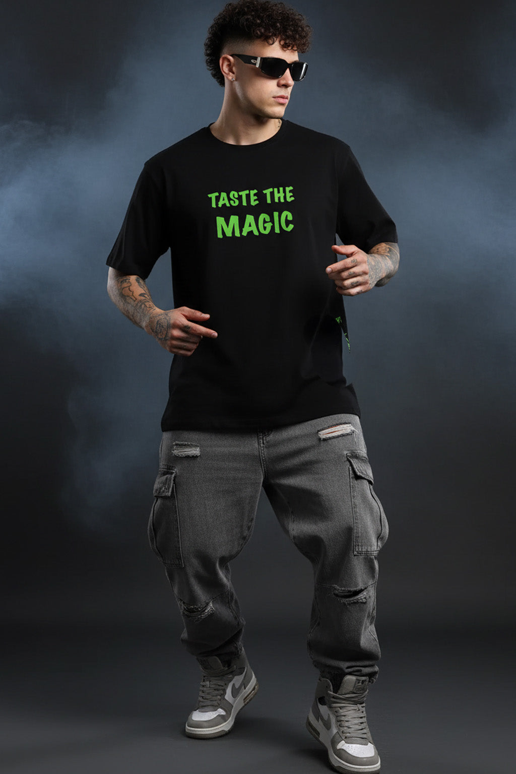 TASTE OF MAGIC Black Back Oversized Graphic Printed T-shirt