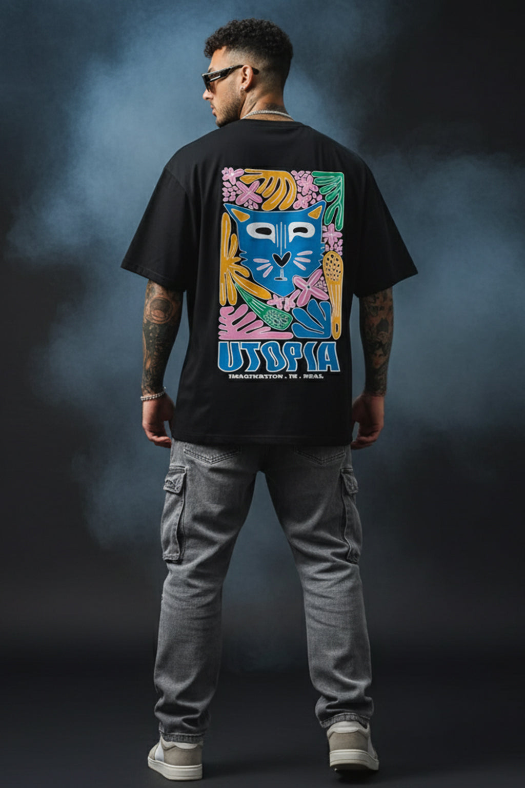UTOPIA Black Oversized Graphic Back Printed T-shirt