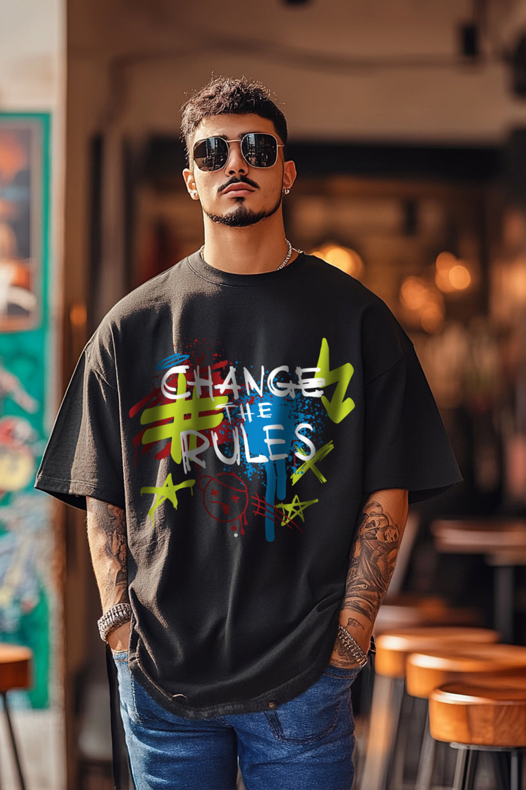 CHANGE THE RULE Black Oversized Front Typographic Printed Tshirt