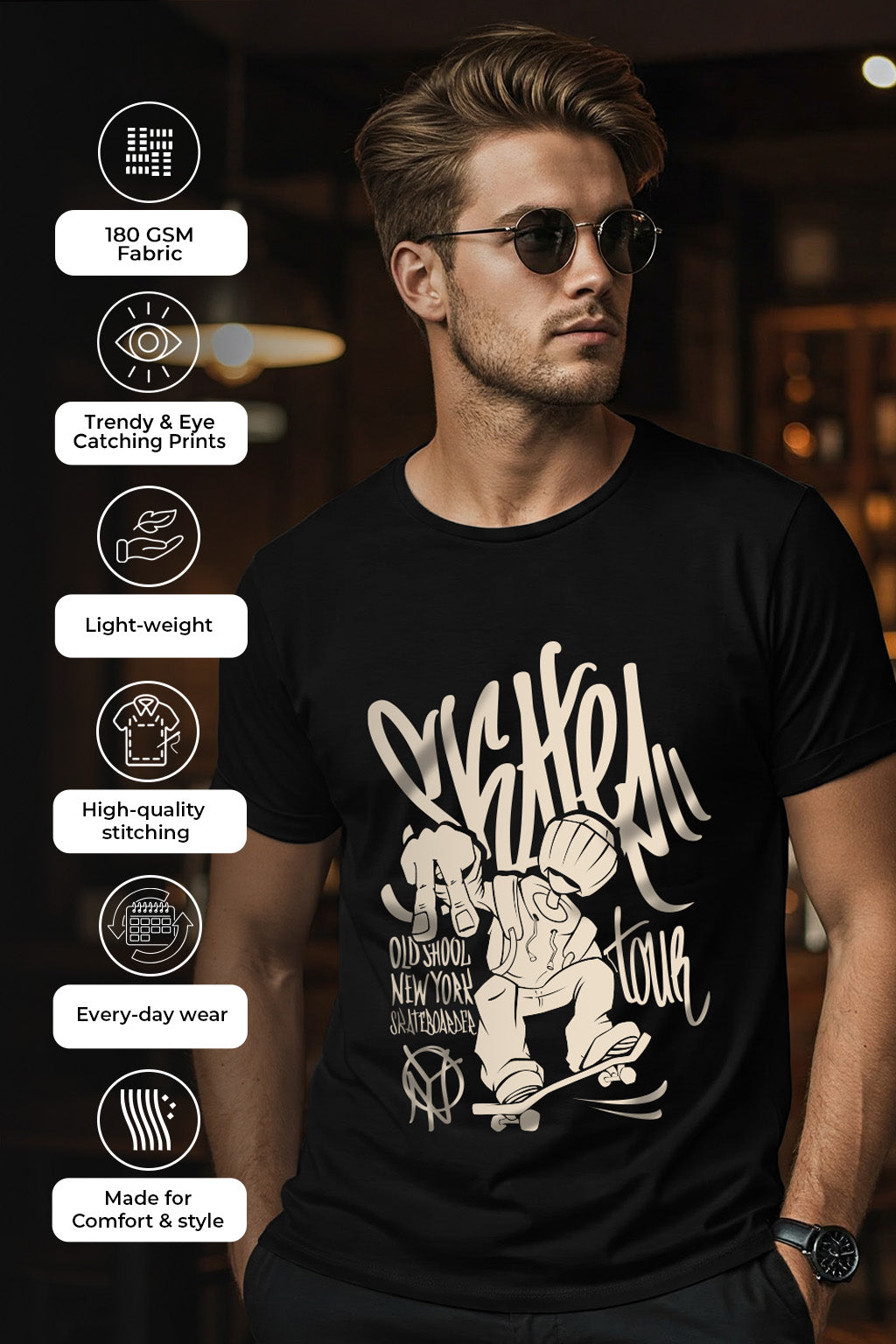 Old School Black Regular Fit Printed T-shirt