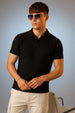 Black Textured Plain Regular Fit Button Polo T-shirt