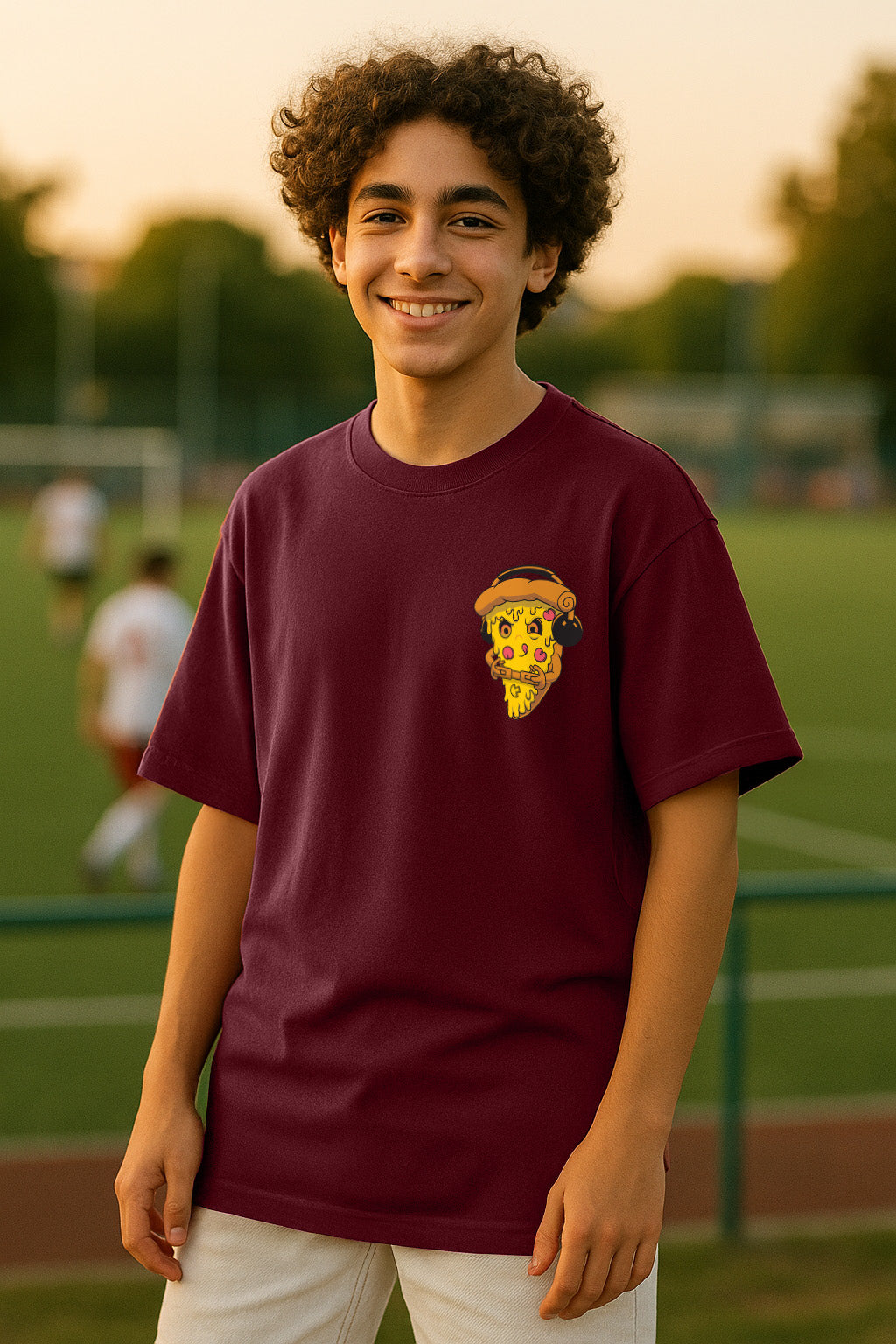 Pizza Maroon Oversized Graphic Pocket Printed Boys T-shirt