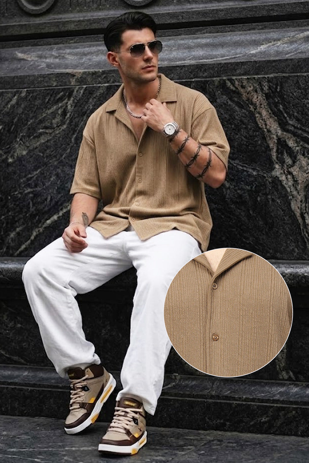 Khaki Textured Plain Oversized Exclusive Shirt