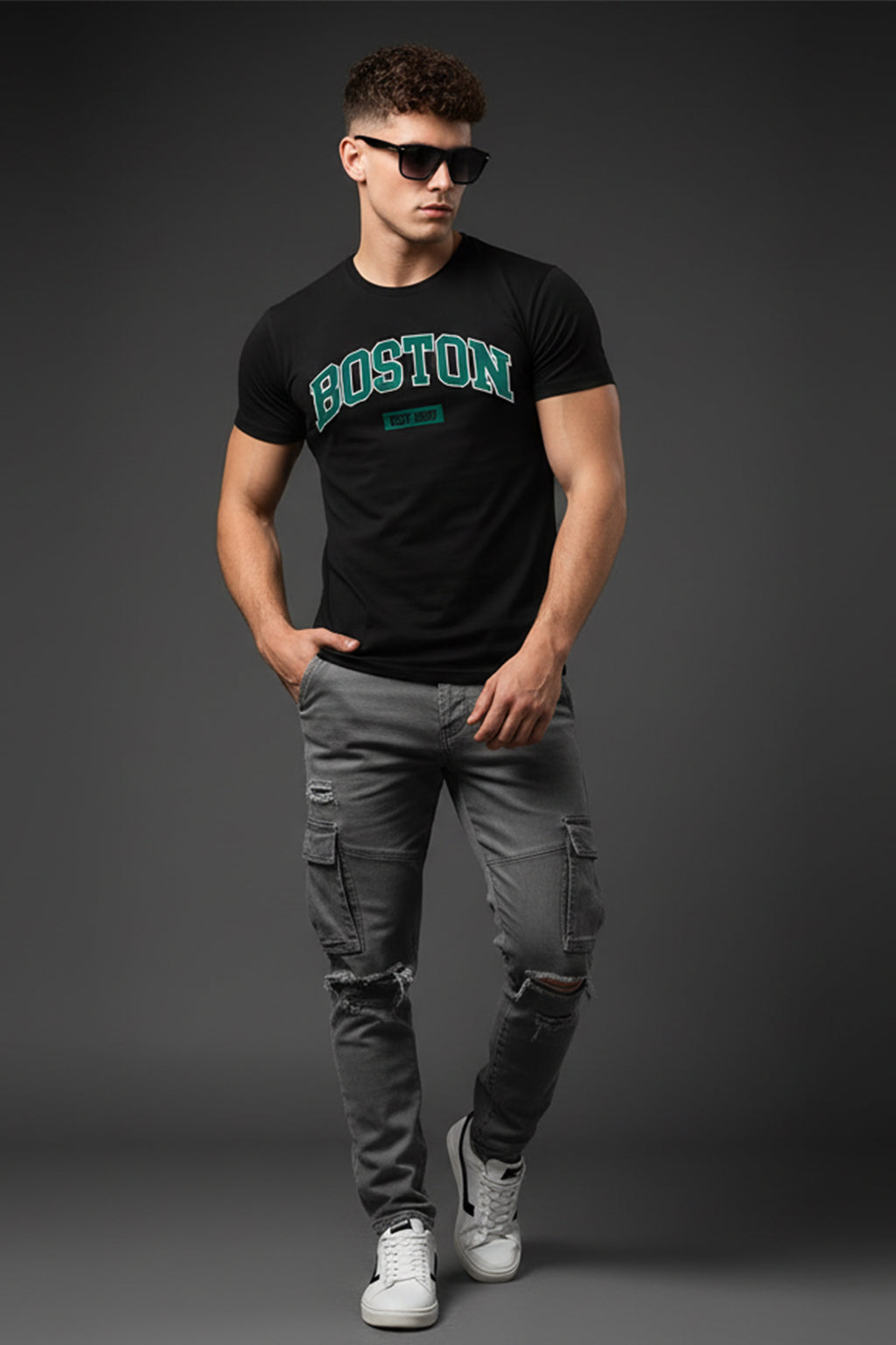 Boston Black Regular Fit Printed T-shirt