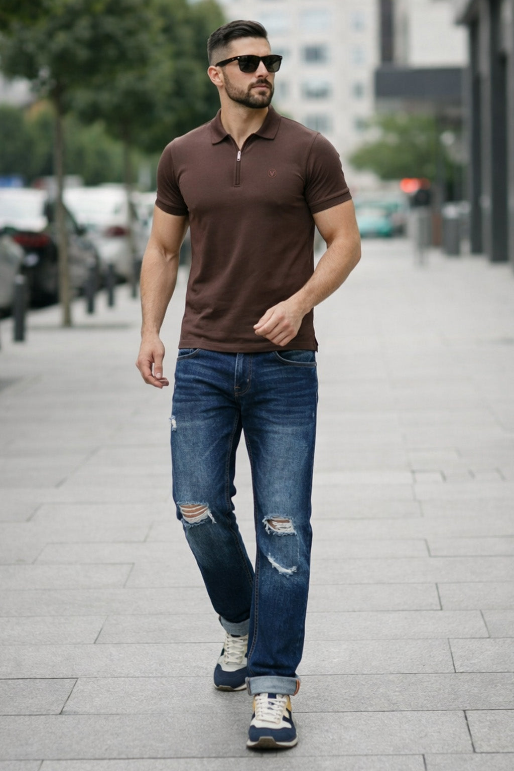 Browm Interlock Plain Regular Fit Zipper Polo T-shirt