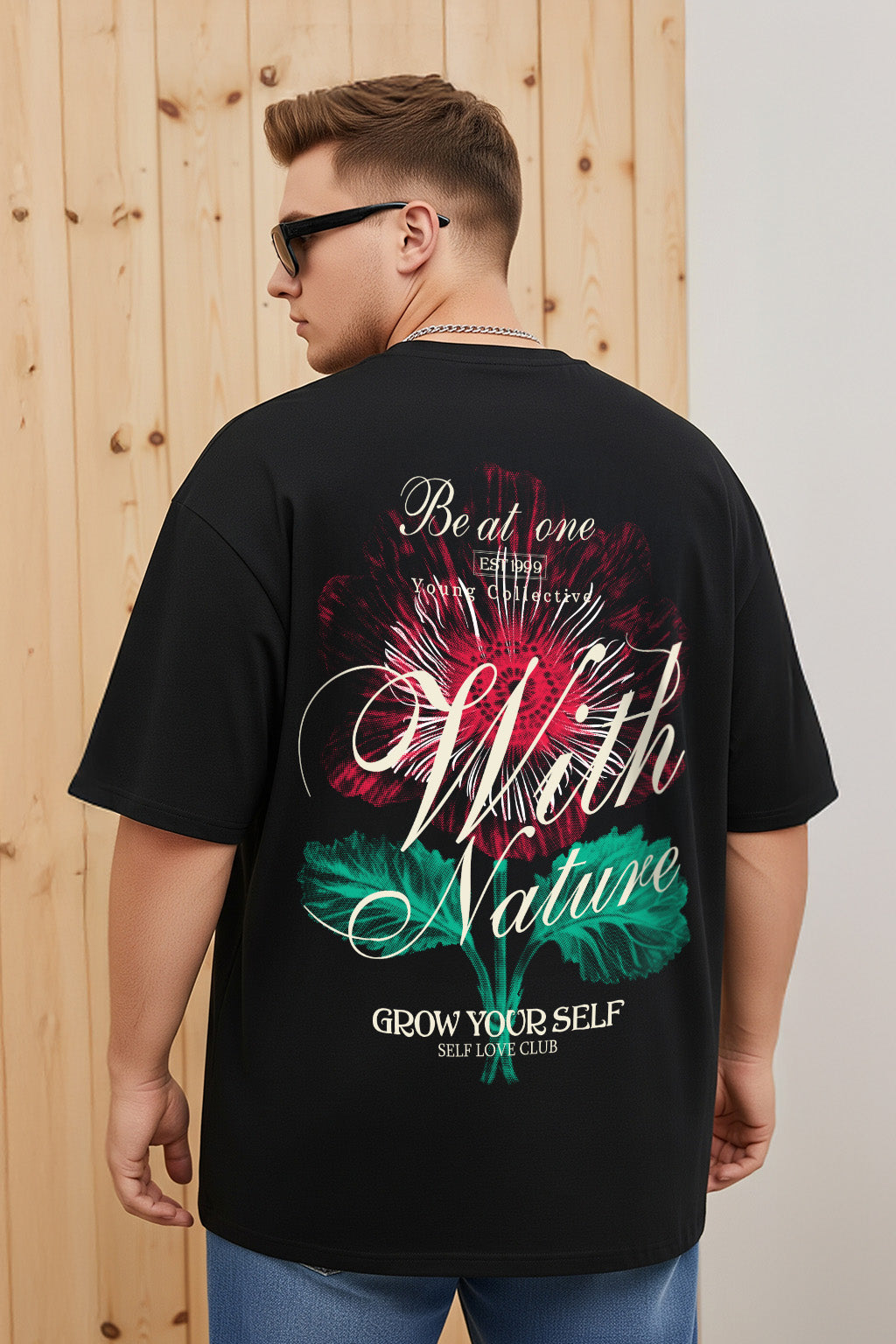 Be With Nature Black Graphic Printed Plus Size T-shirt