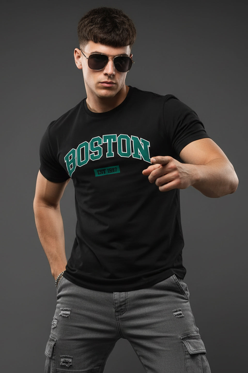 Boston Black Regular Fit Printed T-shirt
