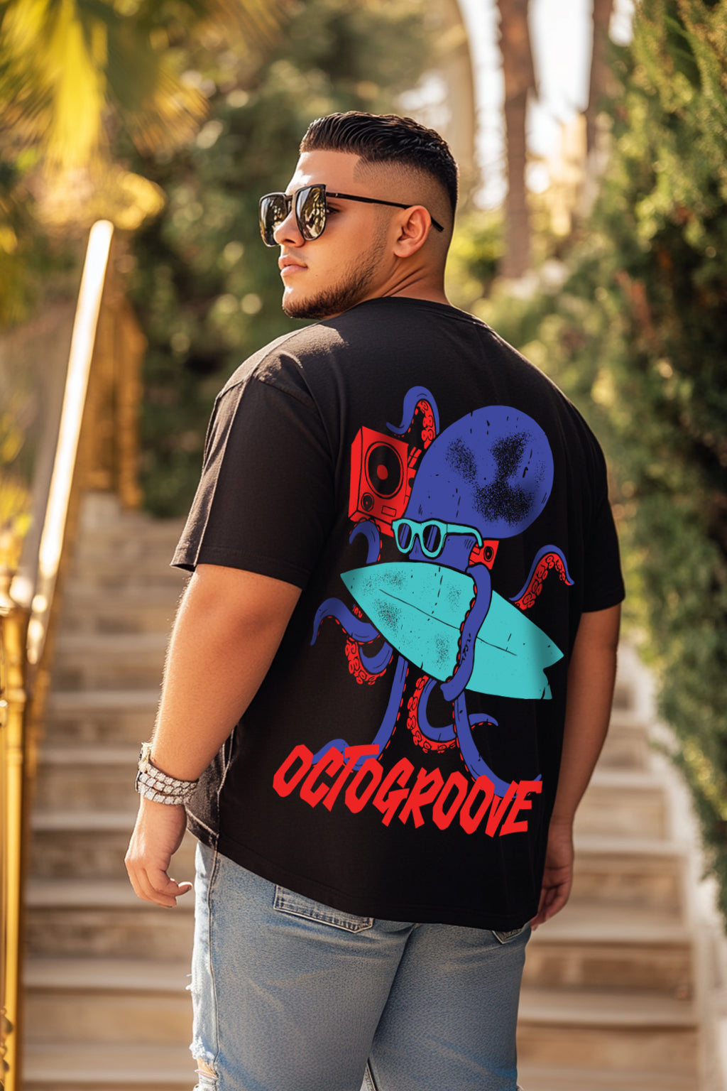 Octogroove Black Oversized Back Printed Plus Size Tshirt