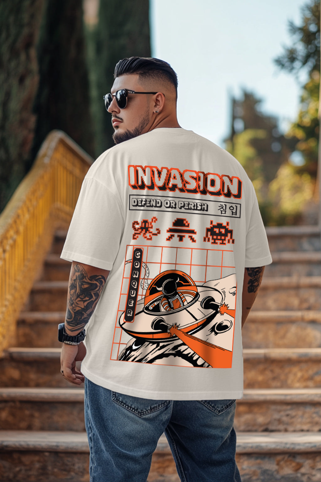 Invasion Swan White Oversized Back Printed Plus Size Tshirt