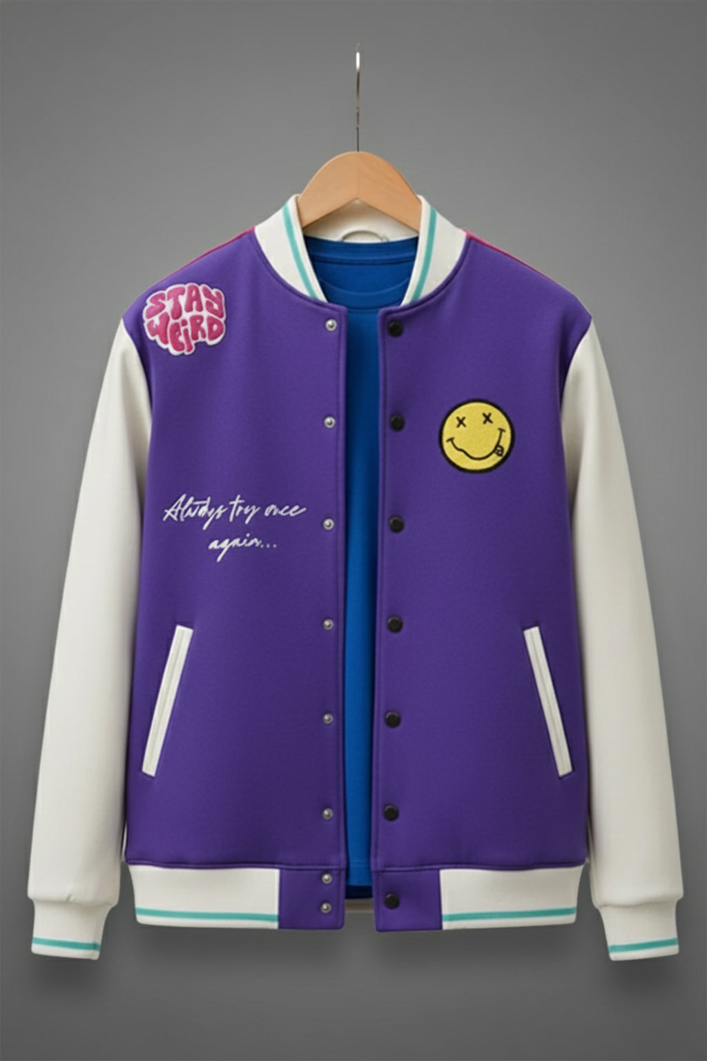 Purple Front Graphic Printed Varsity Jacket