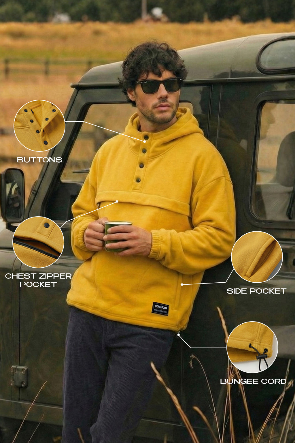 Veirdo Mustard Oversized Plain Button-Neck Pullover Hoodie
