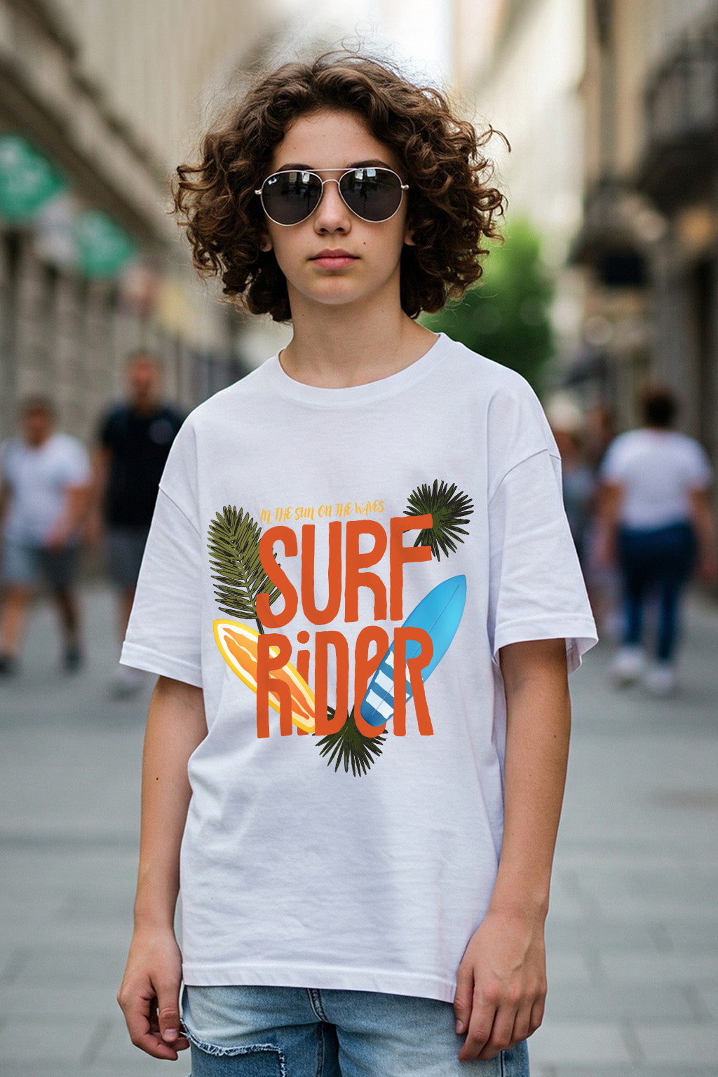 Surf Rider White Oversized Graphic Front Printed Boys T-shirt