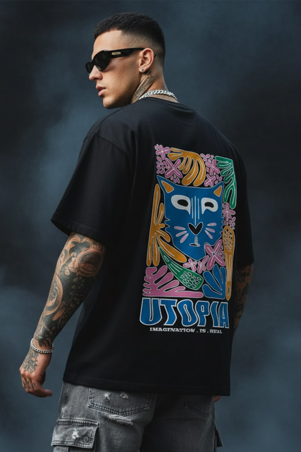 UTOPIA Black Oversized Graphic Back Printed T-shirt
