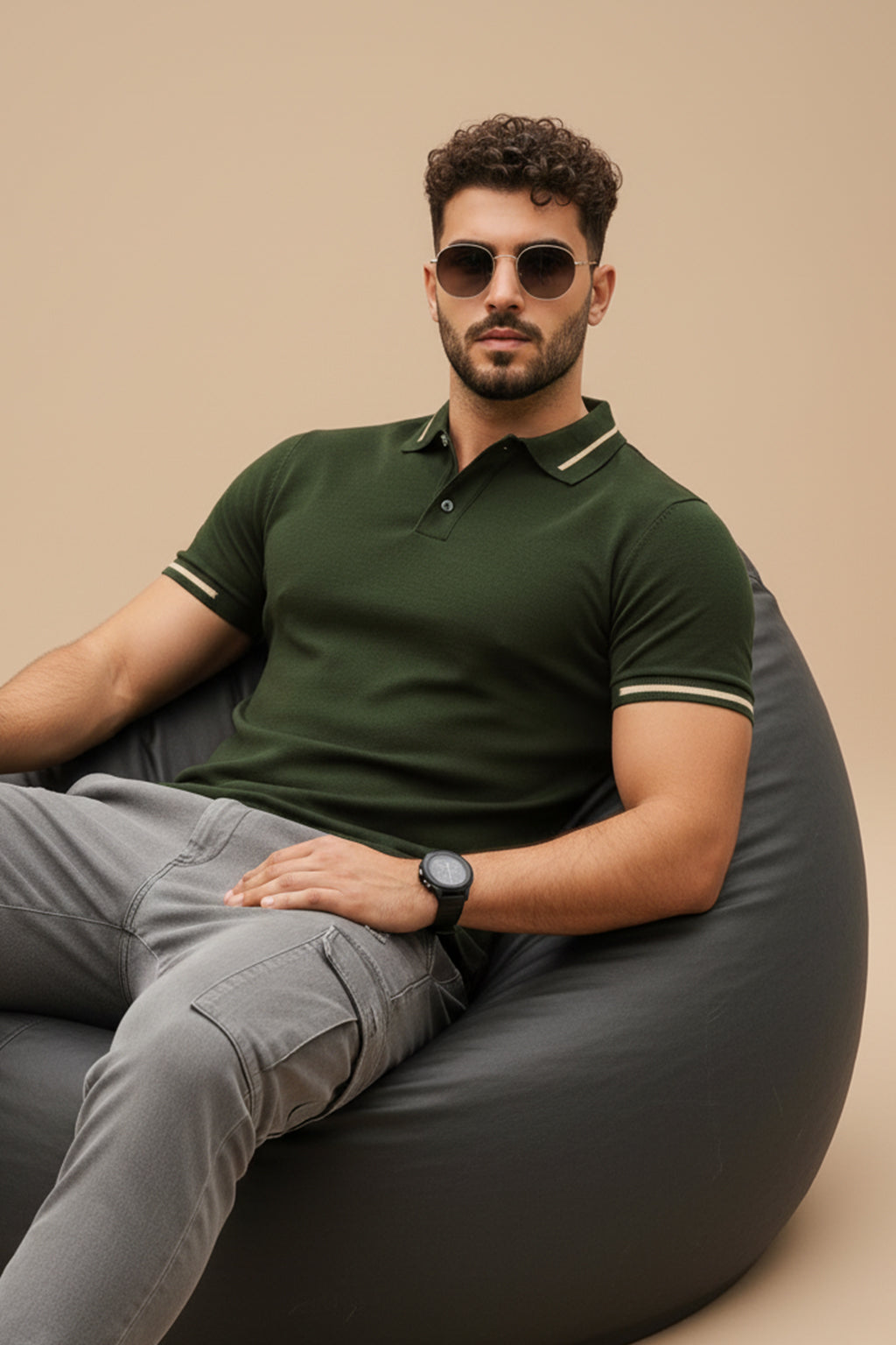 Olive Pique Stripe Collar Regular Fit Tipping Polo T-shirt