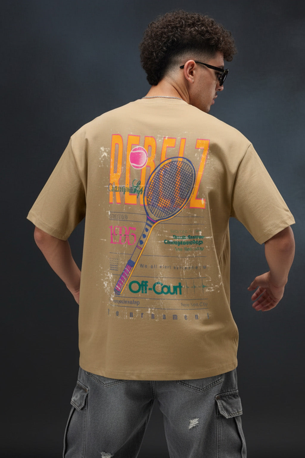 Rebelz Beige Oversized Graphic Printed T-shirt