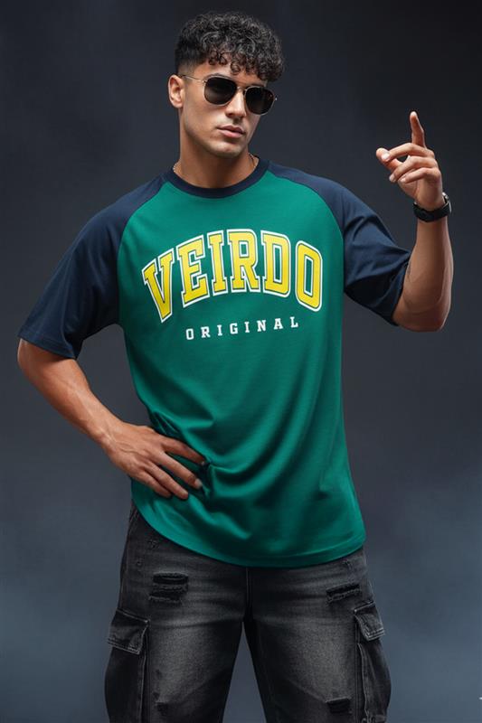 Veirdo Original Green Raglan Typography Printed T-shirt