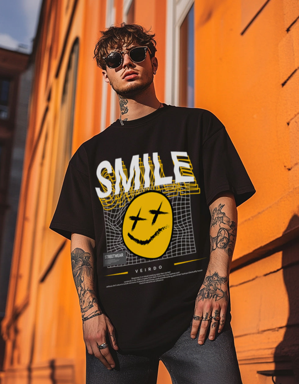 Smile Black Oversized Chest Graphic Printed Tshirt