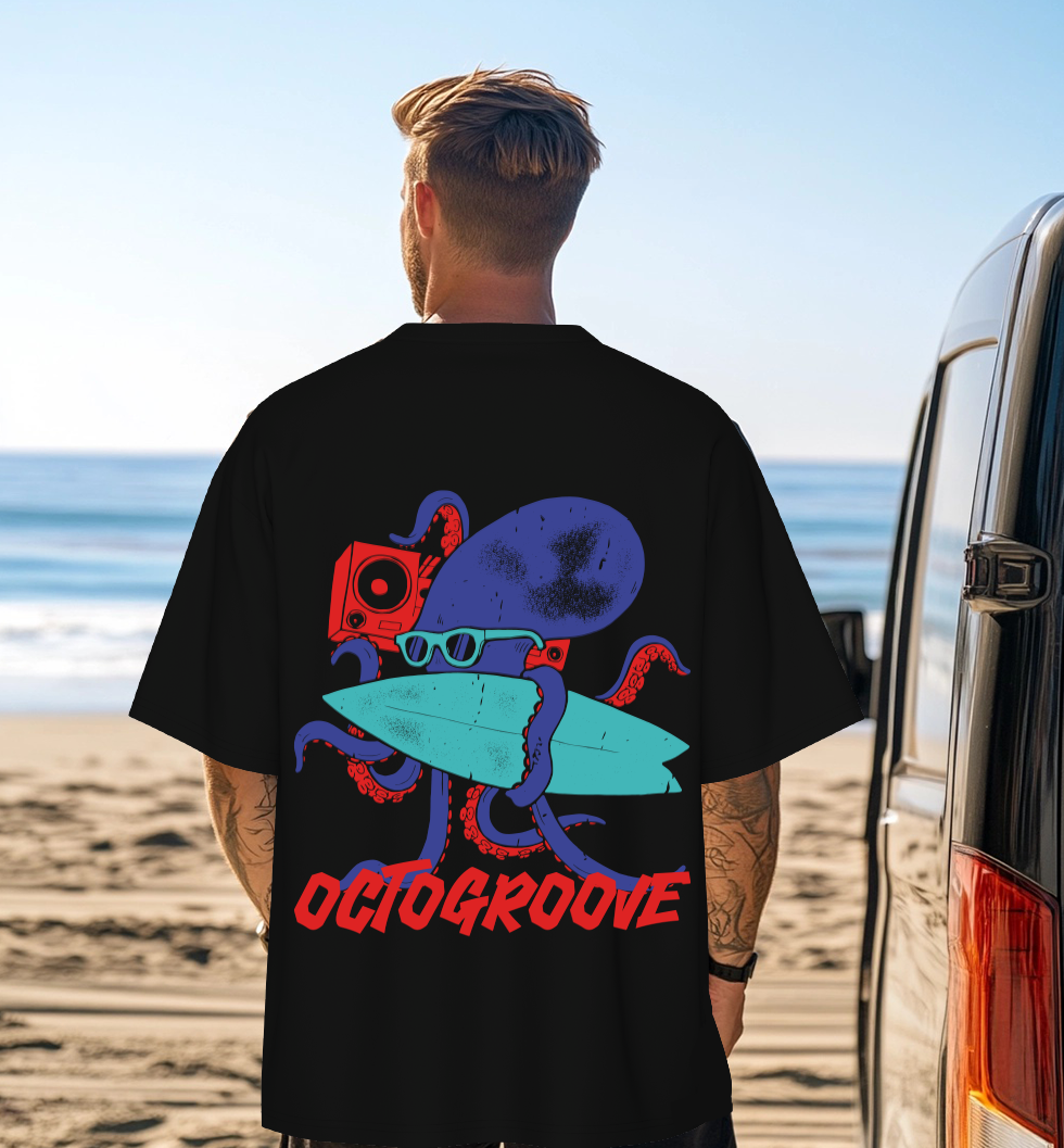 OCTOGROOVE Black Oversized Graphic Back Printed Tshirt