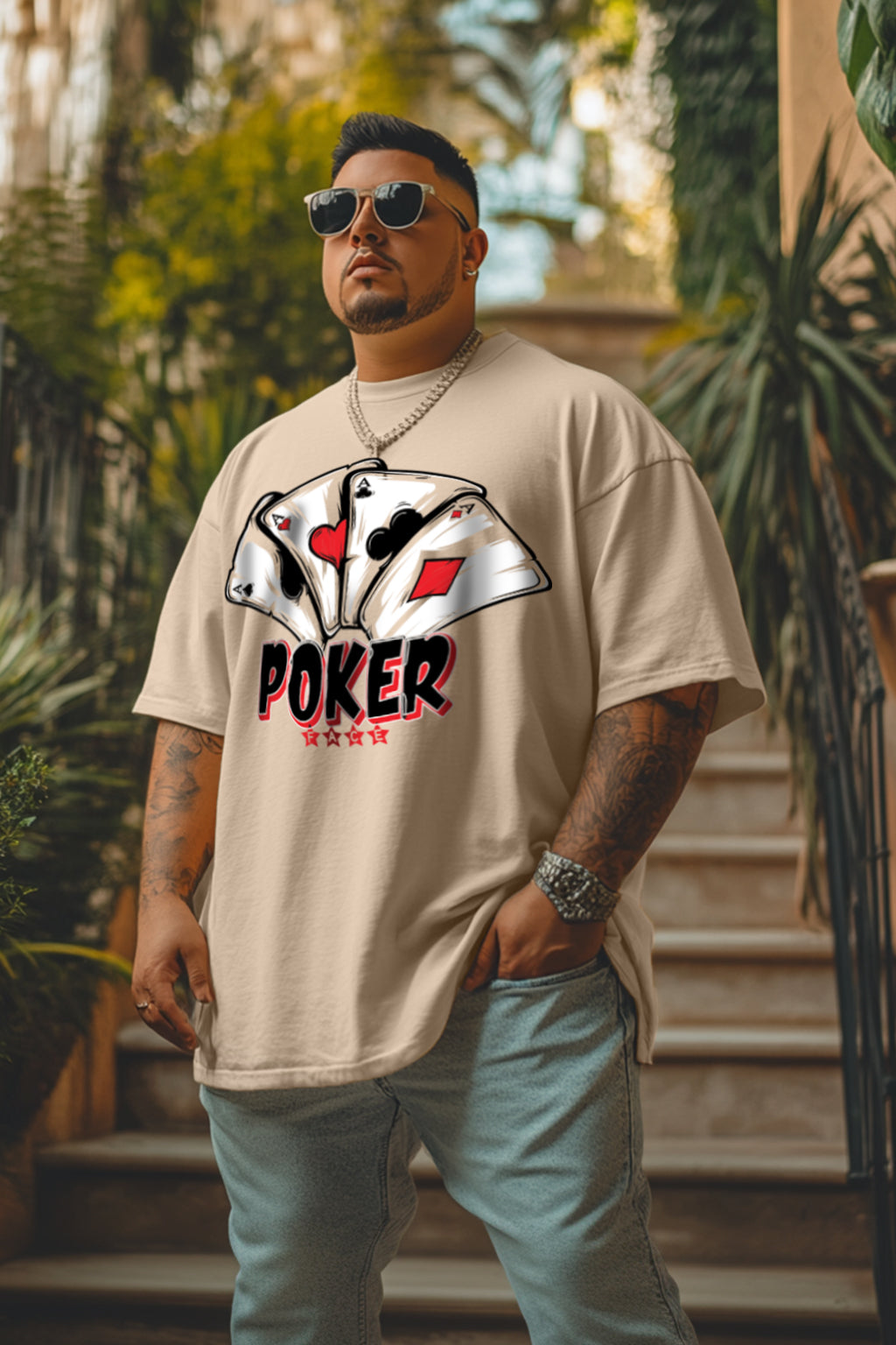 POKER Beige Oversized Plus Size Front Graphic Printed Tshirt