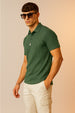 Olive Textured Plain Regular Fit Button Polo T-shirt