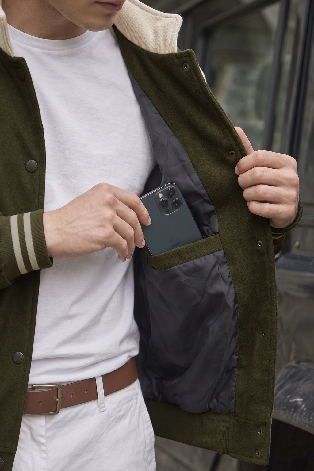 Olive Green Varsity Bomber Suede Exclusive Jacket With Inner Pocket