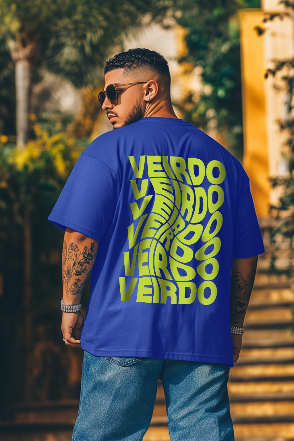 Veirdo Blue Oversized Back Graphic Plus Size Printed Tshirt