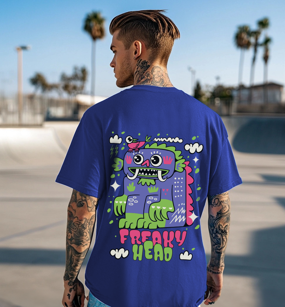 Freaky Head Blue Oversized Back Graphic Printed T-shirt – Veirdo