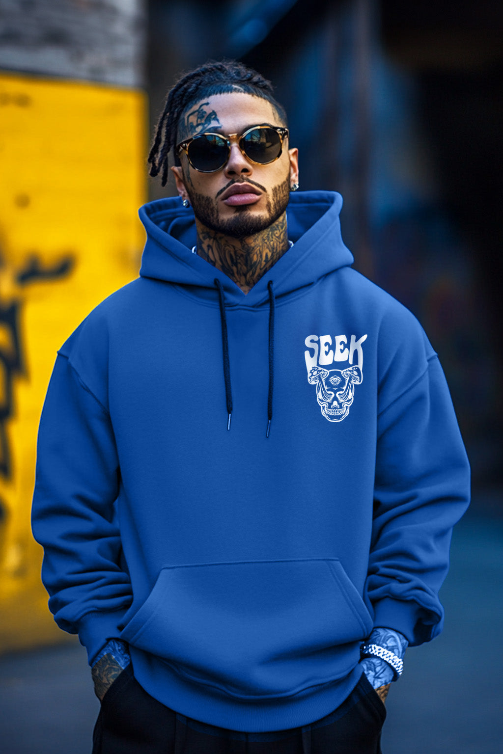 Seek Blue Oversized Pocket Graphic Printed Hoodie