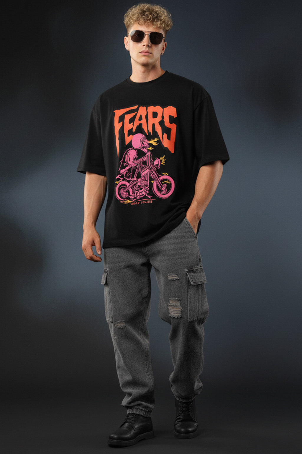 Fears Black Oversized Graphic Printed T-shirt