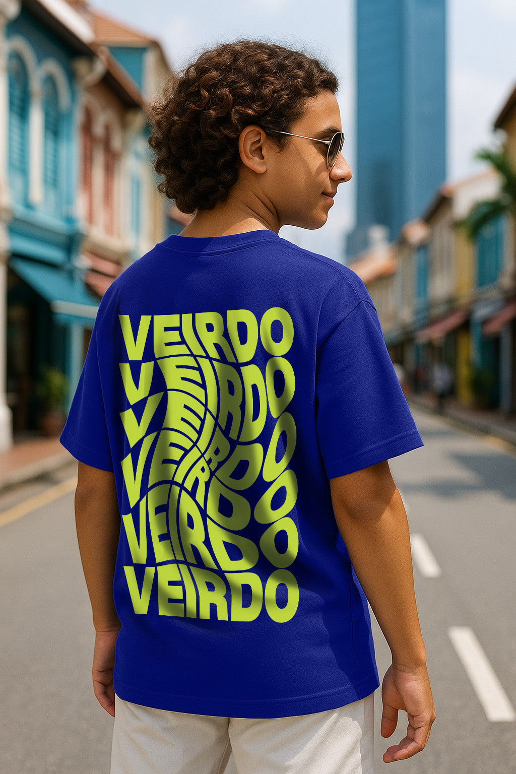 Veirdo Royal Blue Oversized Back Graphic Printed Boys T-shirt