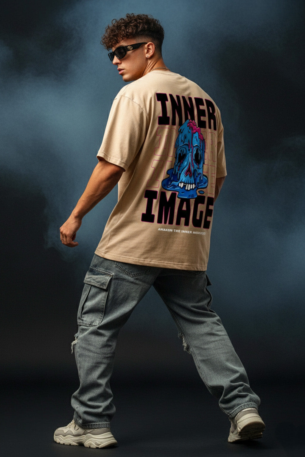 INNER IMAGE Beige Oversized Back Graphic Printed T-shirt