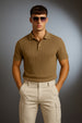 Khaki Textured Plain Regular Fit Button Polo T-shirt