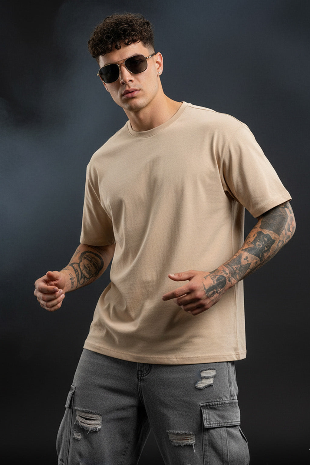 INNER IMAGE Beige Oversized Back Graphic Printed T-shirt