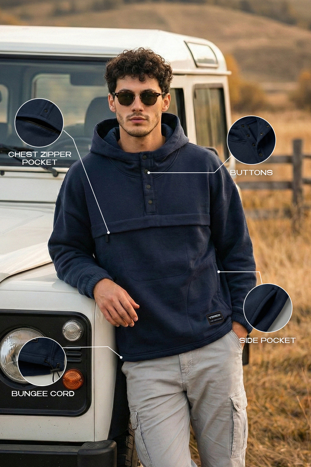 Veirdo Navy Oversized Plain Button-Neck Pullover Hoodie