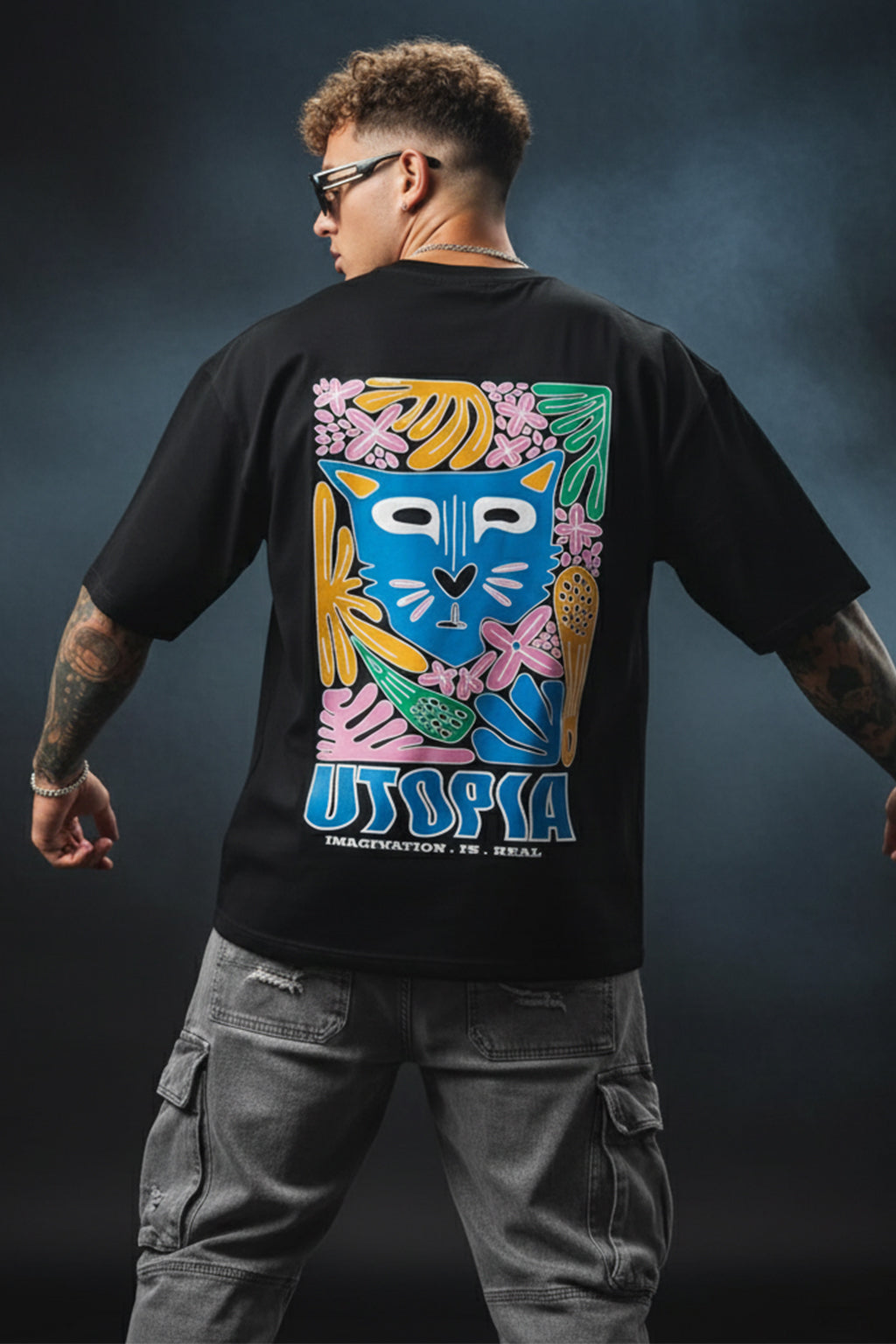 UTOPIA Black Oversized Graphic Back Printed T-shirt