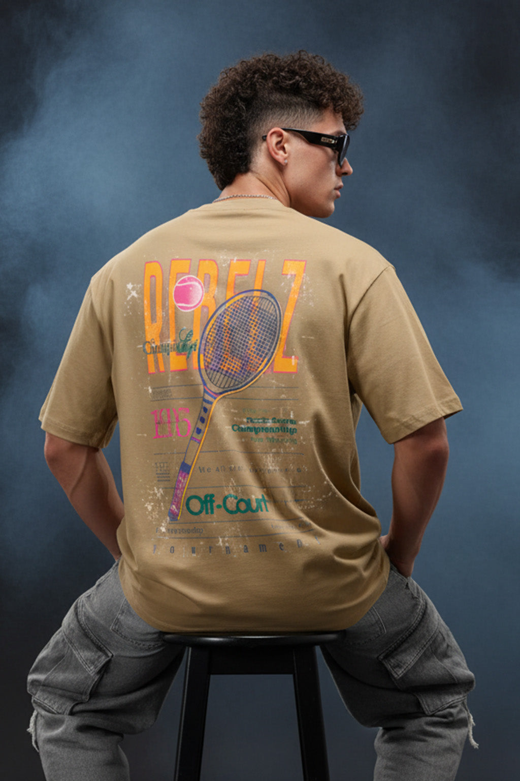 Rebelz Beige Oversized Graphic Printed T-shirt