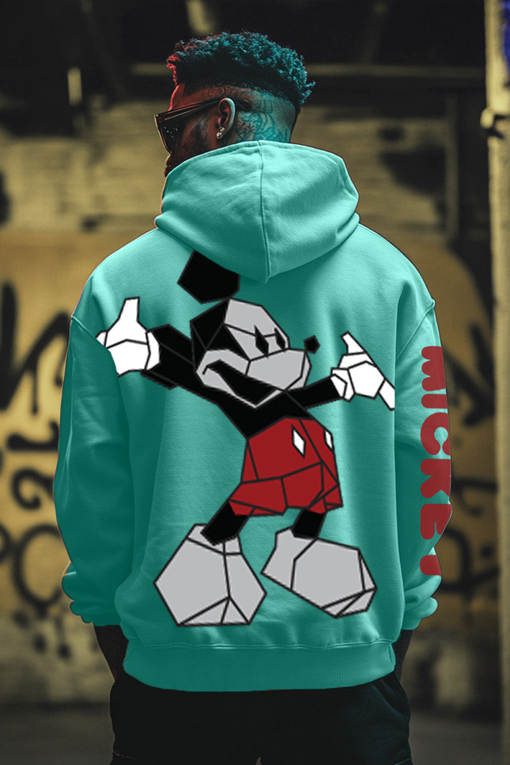 Mickey Magic: Men's Green Hoodie with Playful Graphic