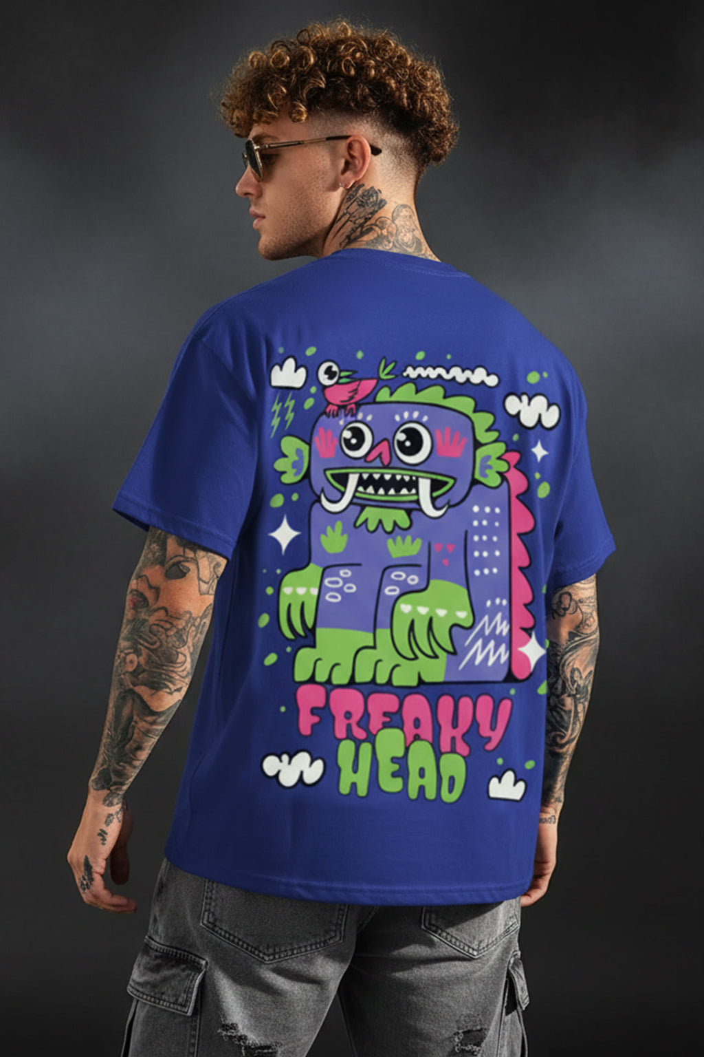 Freaky Head Blue Oversized Back Graphic Printed T-shirt