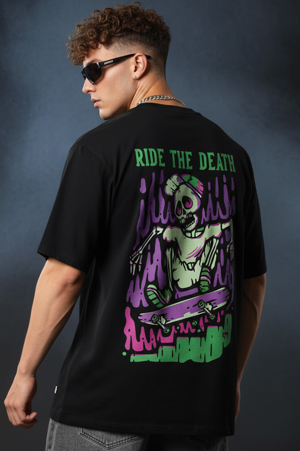 Ride The Death Black Oversized Graphic Printed T-shirt