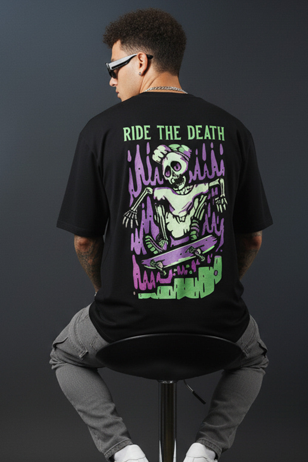 Ride The Death Black Oversized Graphic Printed T-shirt