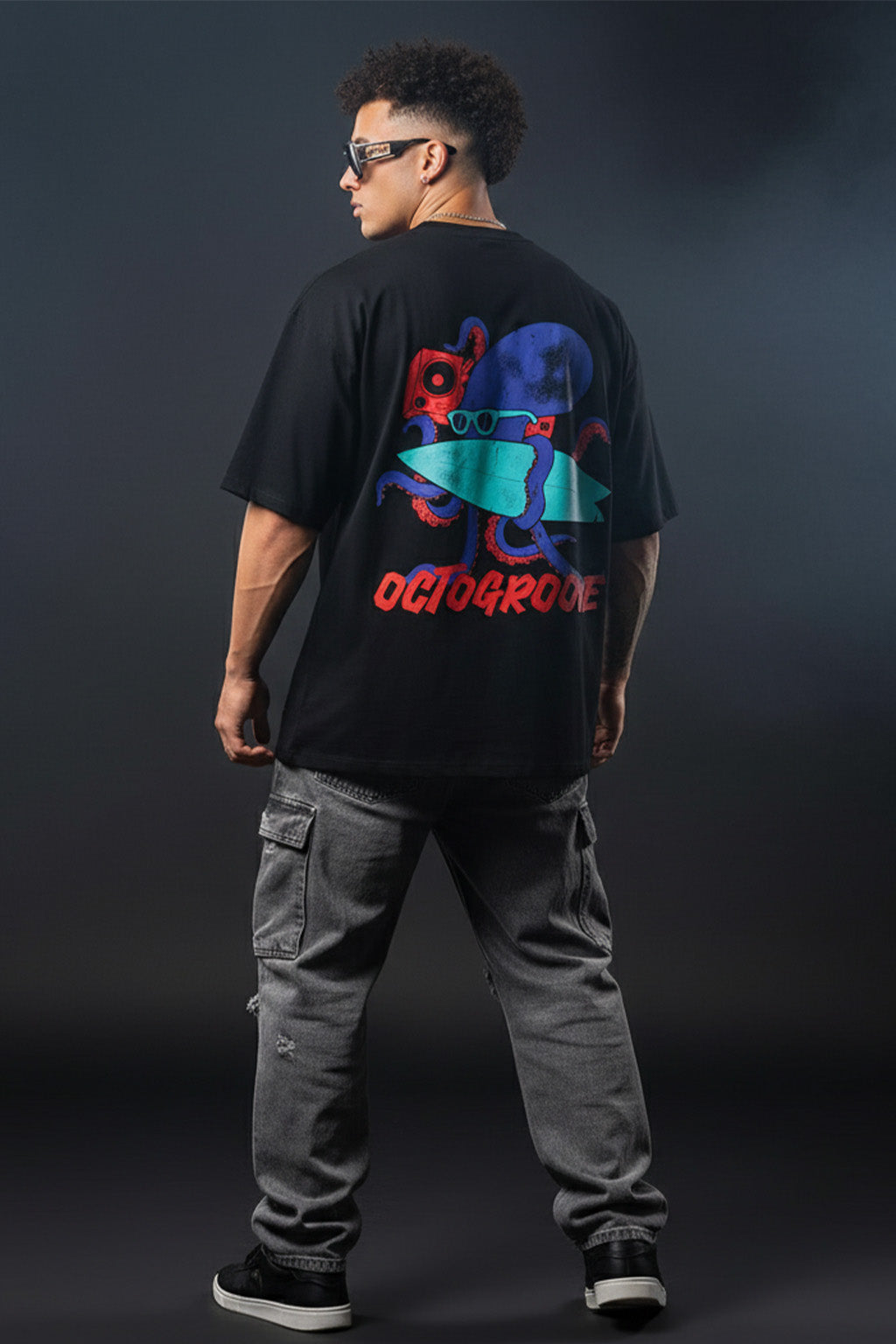 OCTOGROOVE Black Oversized Graphic Back Printed T-shirt