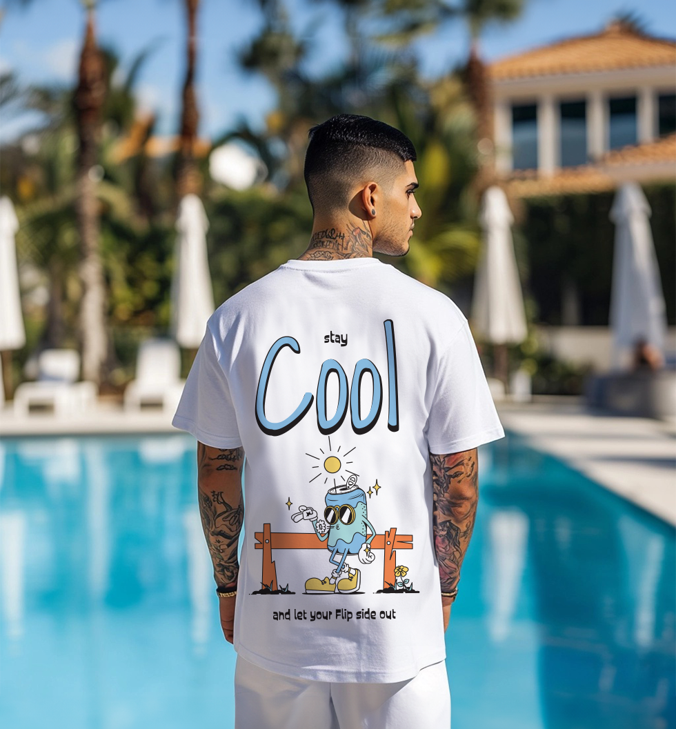 STAY COOL Oversized White Graphic Printed Tshirt