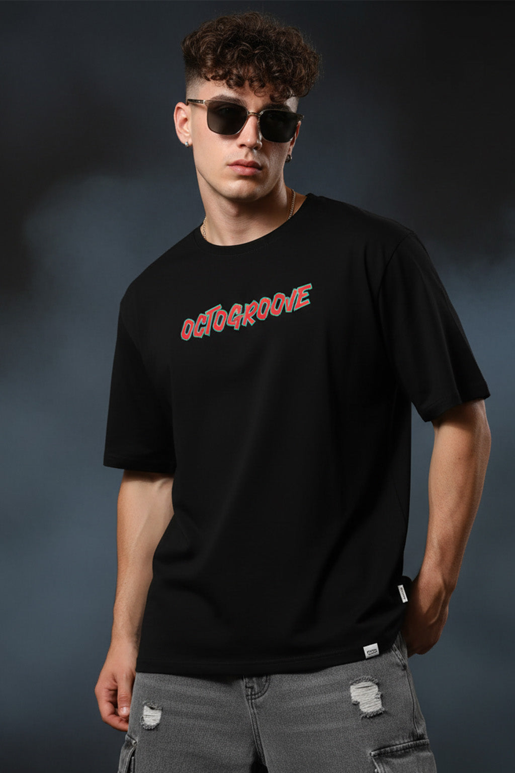 OCTOGROOVE Black Oversized Graphic Back Printed T-shirt