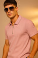 Peach Textured Plain Regular Fit Zipper Polo T-shirt