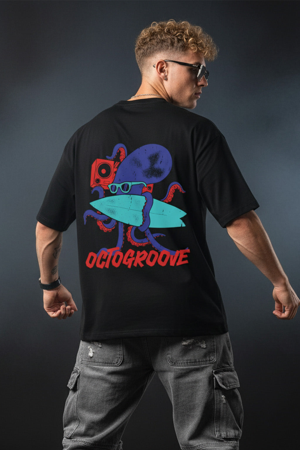 OCTOGROOVE Black Oversized Graphic Back Printed T-shirt