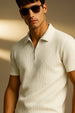 White Textured Plain Regular Fit Zipper Polo T-shirt