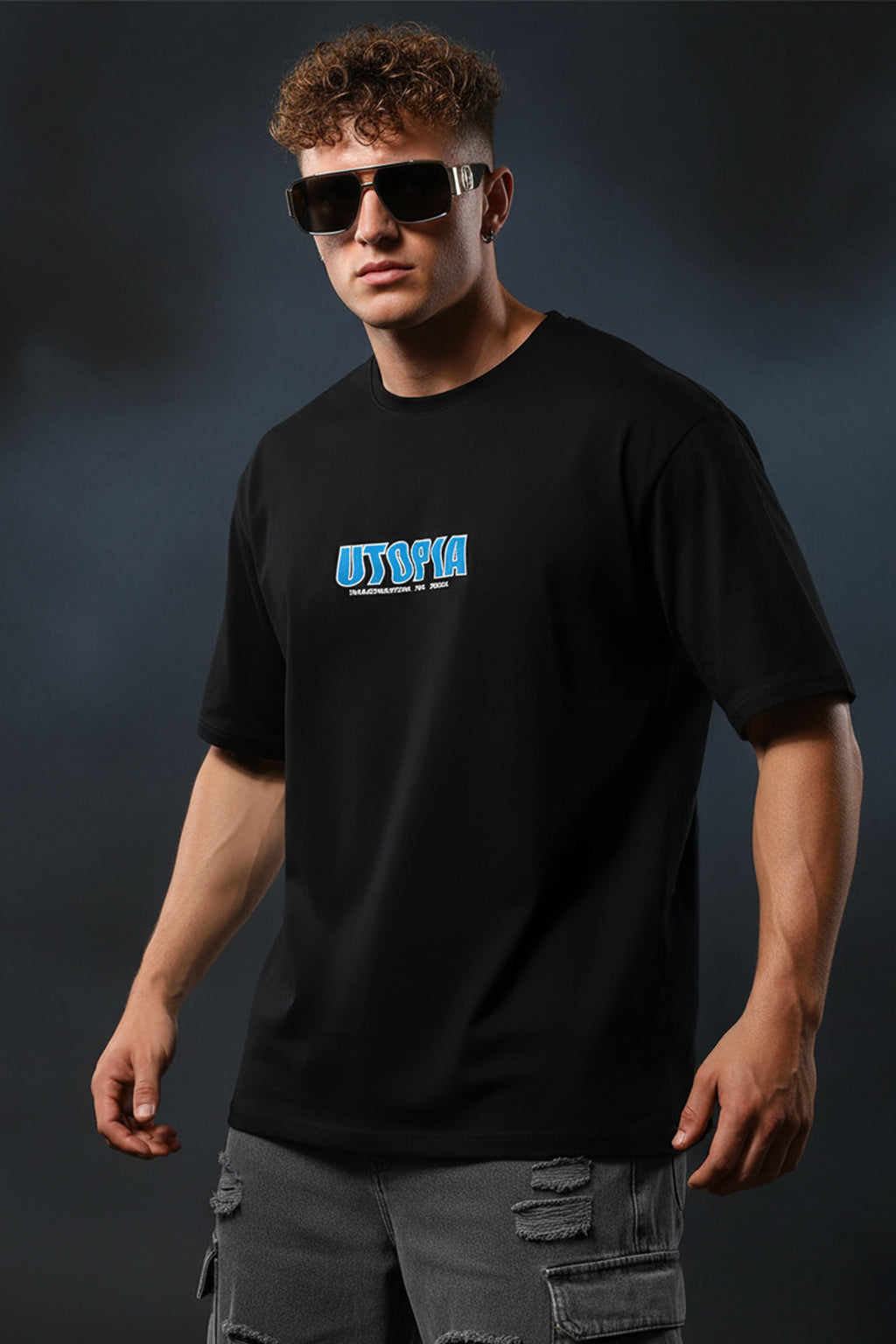 UTOPIA Black Oversized Graphic Back Printed T-shirt
