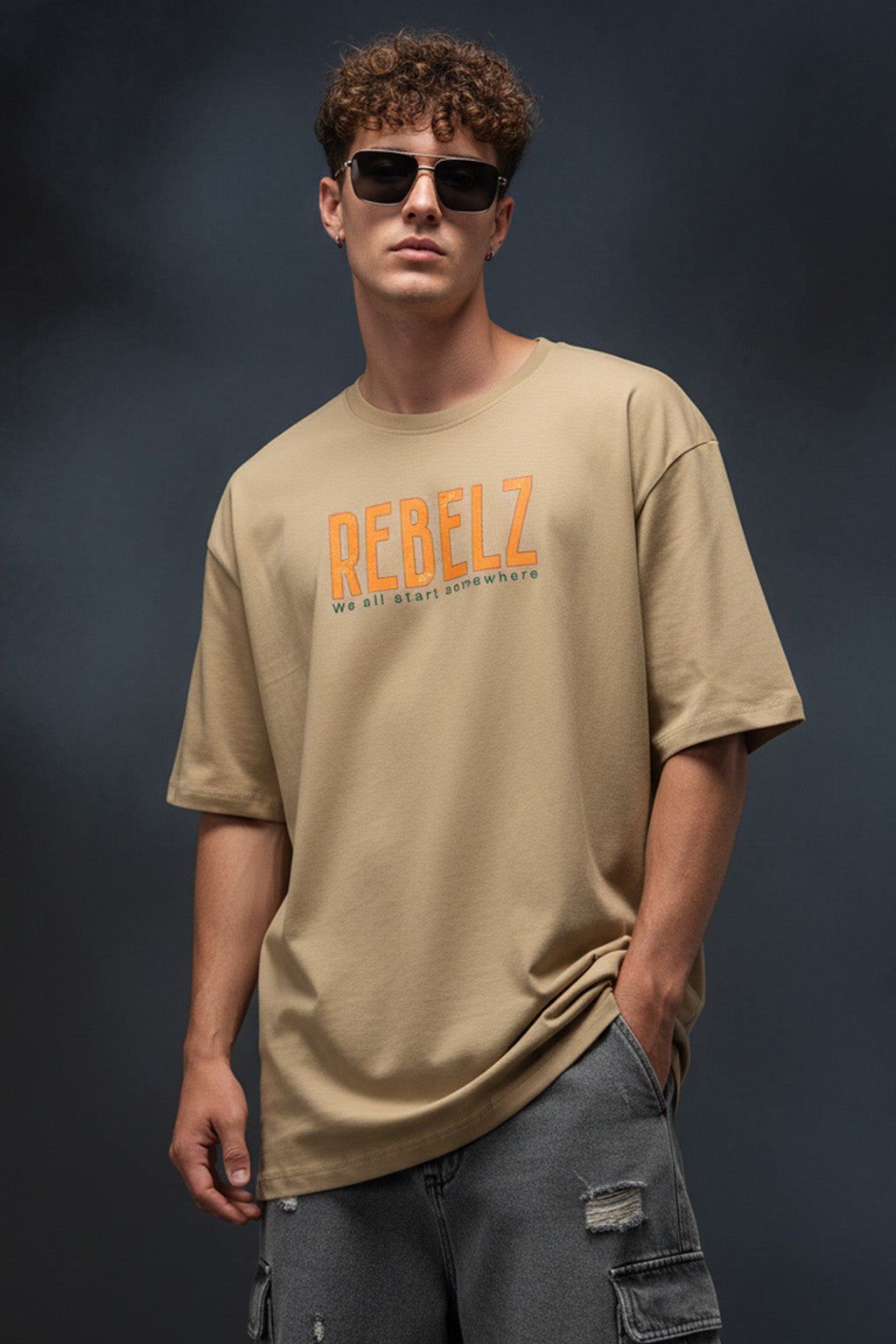 Rebelz Beige Oversized Graphic Printed T-shirt
